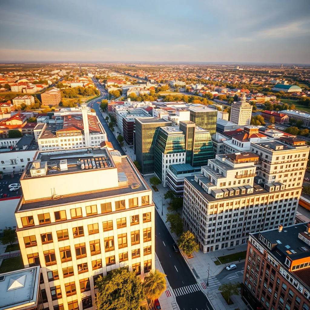 A professional high-angle view of a modern business district
