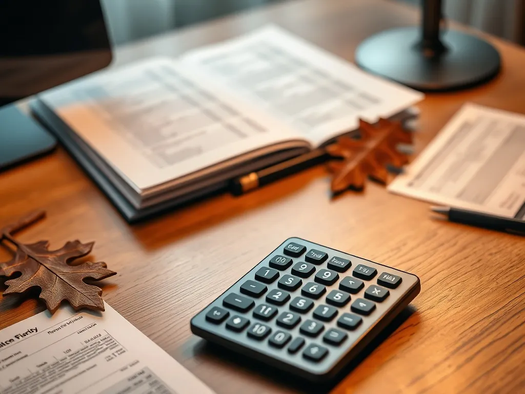 A professional office desk with a calculator, some financial